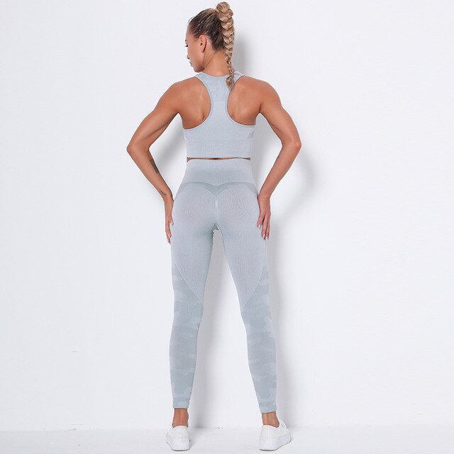 Women Workout Outfit 2 Pieces Yoga Set Seamless Running Leggings with Sports Bra Padded Tops Suit Gym Clothes Fitness Sportswear