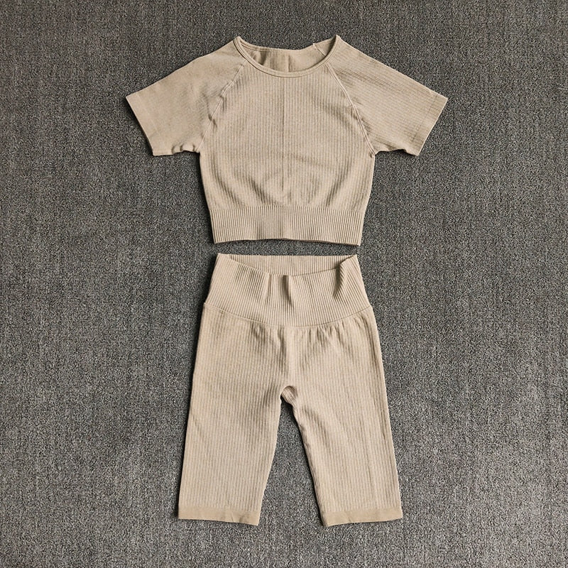 Seamless Yoga Set Women 2pcs Crop Top T-shirt High Waist Shorts Gym Clothes Sport Suit Workout Outfit Sport Wear