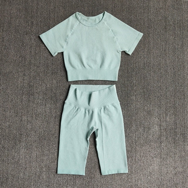 Seamless Yoga Set Women 2pcs Crop Top T-shirt High Waist Shorts Gym Clothes Sport Suit Workout Outfit Sport Wear