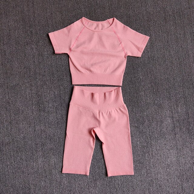Seamless Yoga Set Women 2pcs Crop Top T-shirt High Waist Shorts Gym Clothes Sport Suit Workout Outfit Sport Wear