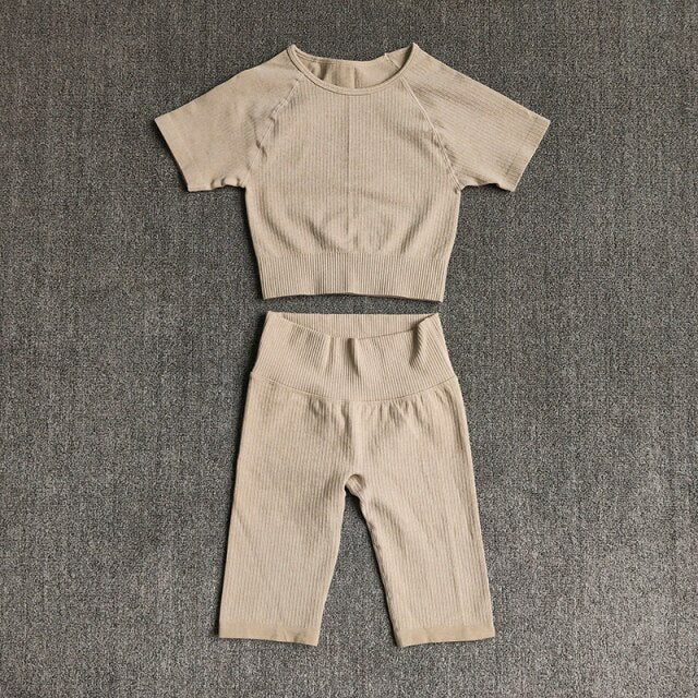 Seamless Yoga Set Women 2pcs Crop Top T-shirt High Waist Shorts Gym Clothes Sport Suit Workout Outfit Sport Wear