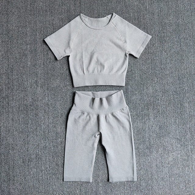 Seamless Yoga Set Women 2pcs Crop Top T-shirt High Waist Shorts Gym Clothes Sport Suit Workout Outfit Sport Wear