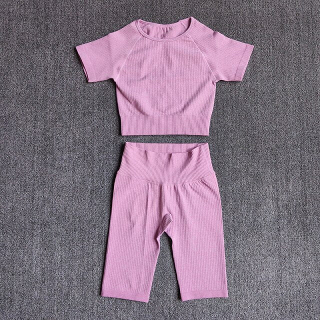 Seamless Yoga Set Women 2pcs Crop Top T-shirt High Waist Shorts Gym Clothes Sport Suit Workout Outfit Sport Wear