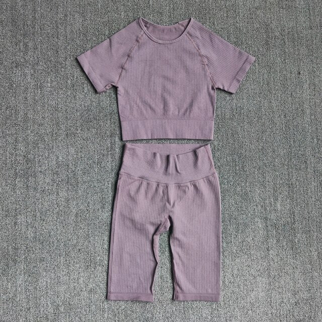 Seamless Yoga Set Women 2pcs Crop Top T-shirt High Waist Shorts Gym Clothes Sport Suit Workout Outfit Sport Wear